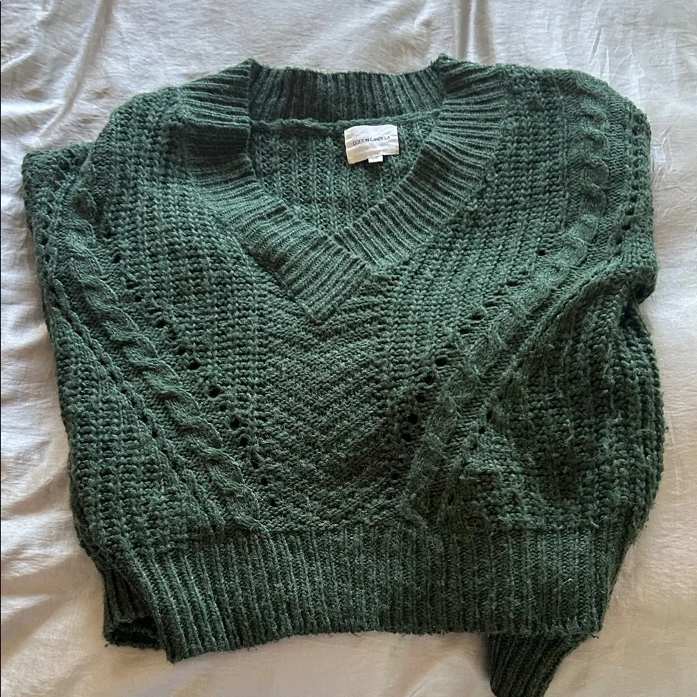 Cotton Candy Dark Green Cable V-Neck Sweater - Picture 1 of 4